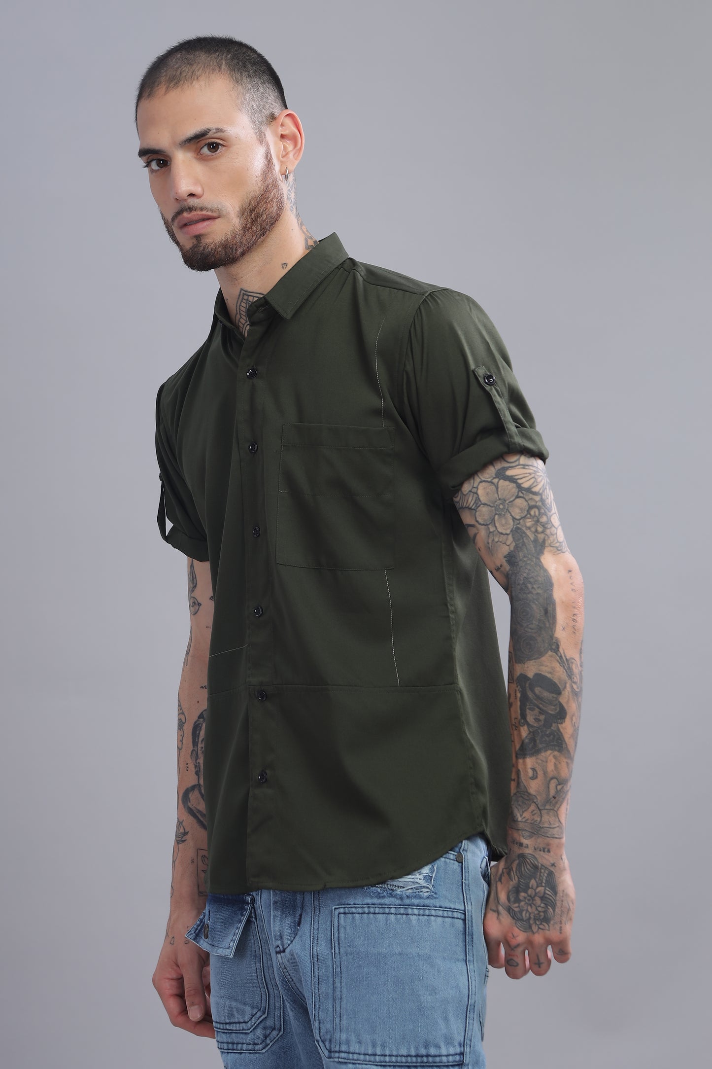 Cotton Dark Green Color Half Sleeve Shirt