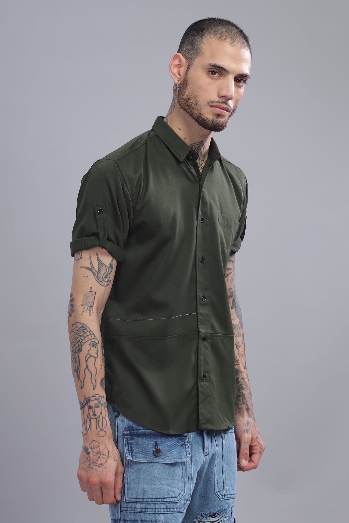 Cotton Dark Green Color Half Sleeve Shirt