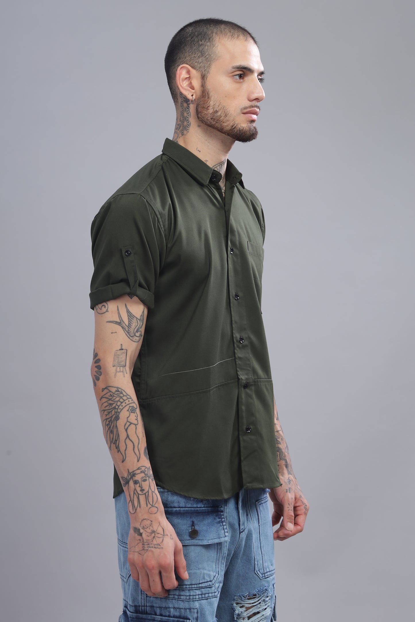 Cotton Dark Green Color Half Sleeve Shirt