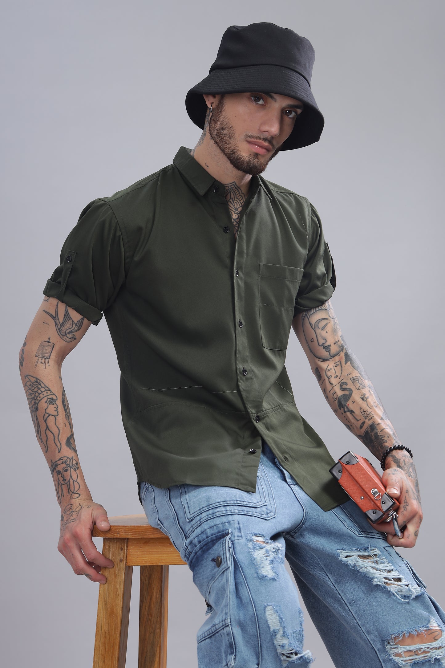 Cotton Dark Green Color Half Sleeve Shirt