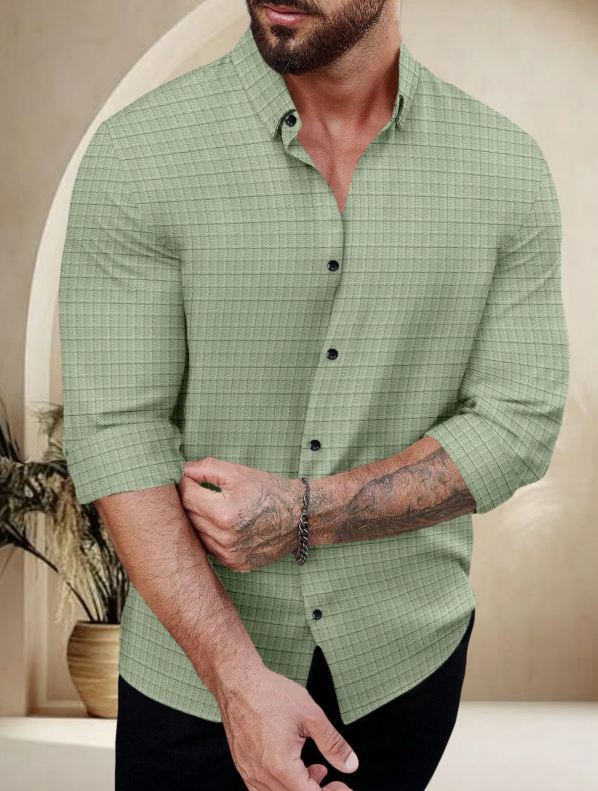 Green Color Waffle Full Sleeve Shirt