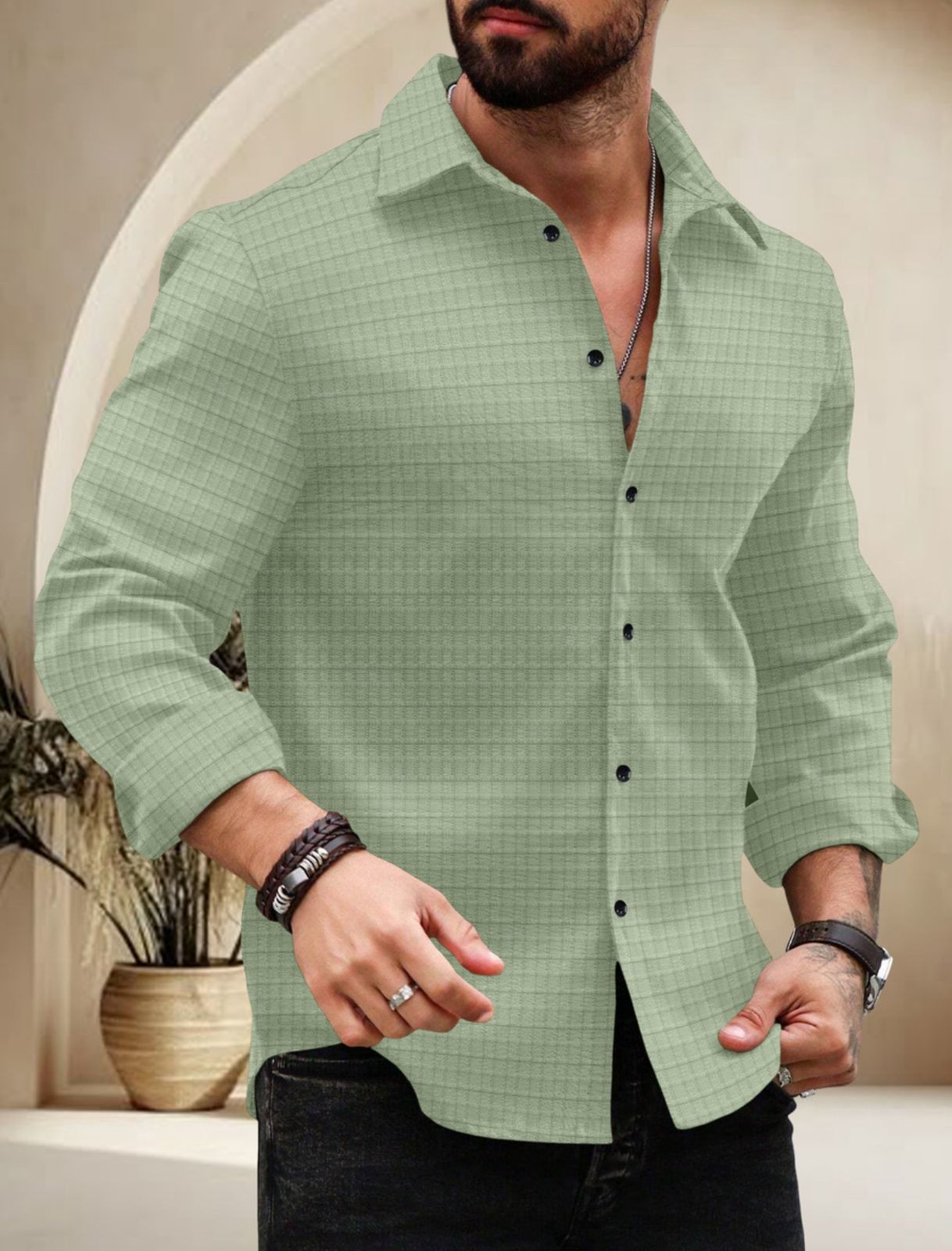 Green Color Waffle Full Sleeve Shirt