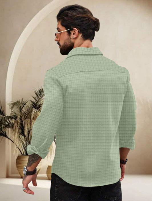 Green Color Waffle Full Sleeve Shirt