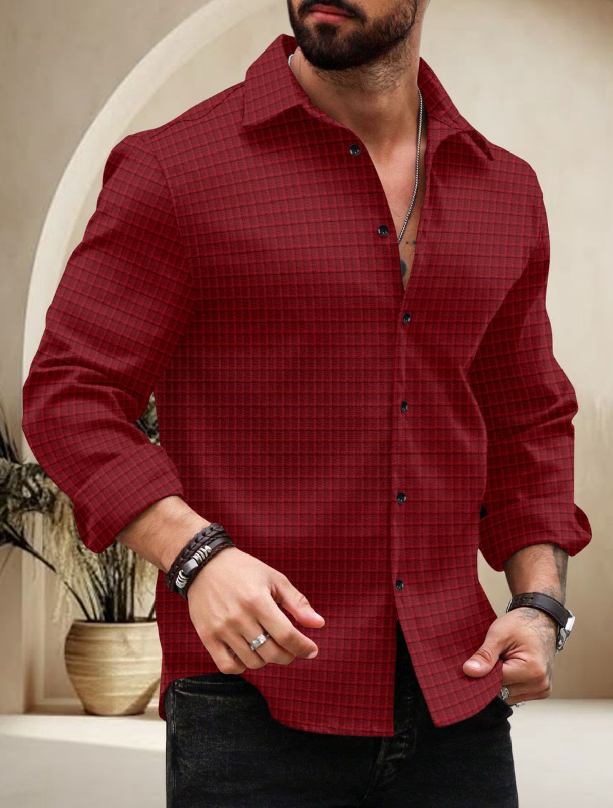 Maroon Color Waffle Full Sleeve Shirt