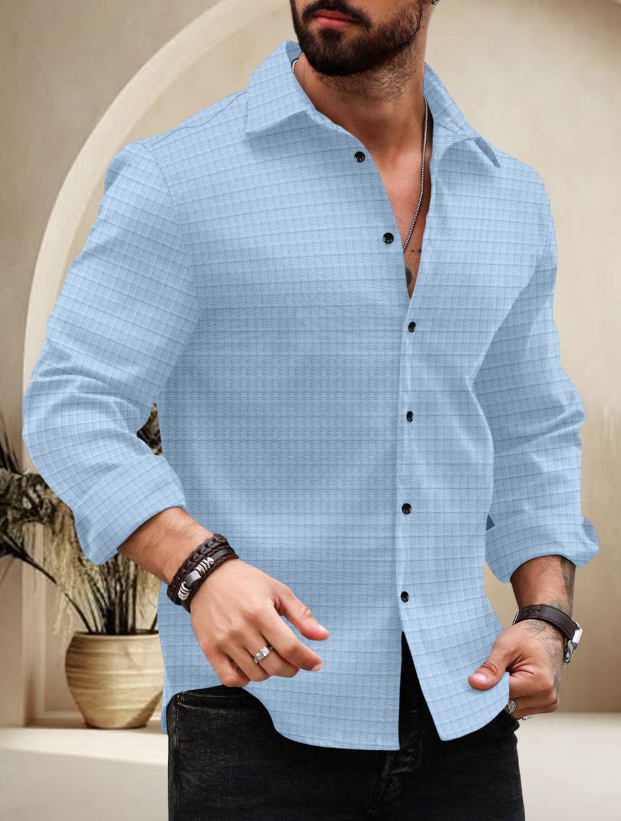 Sky Blue Color Waffle Full Sleeve Shirt