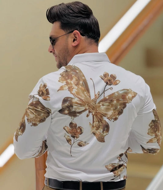 White Shirt With Golden Butterfly Lycra Full SLeeve Shirt
