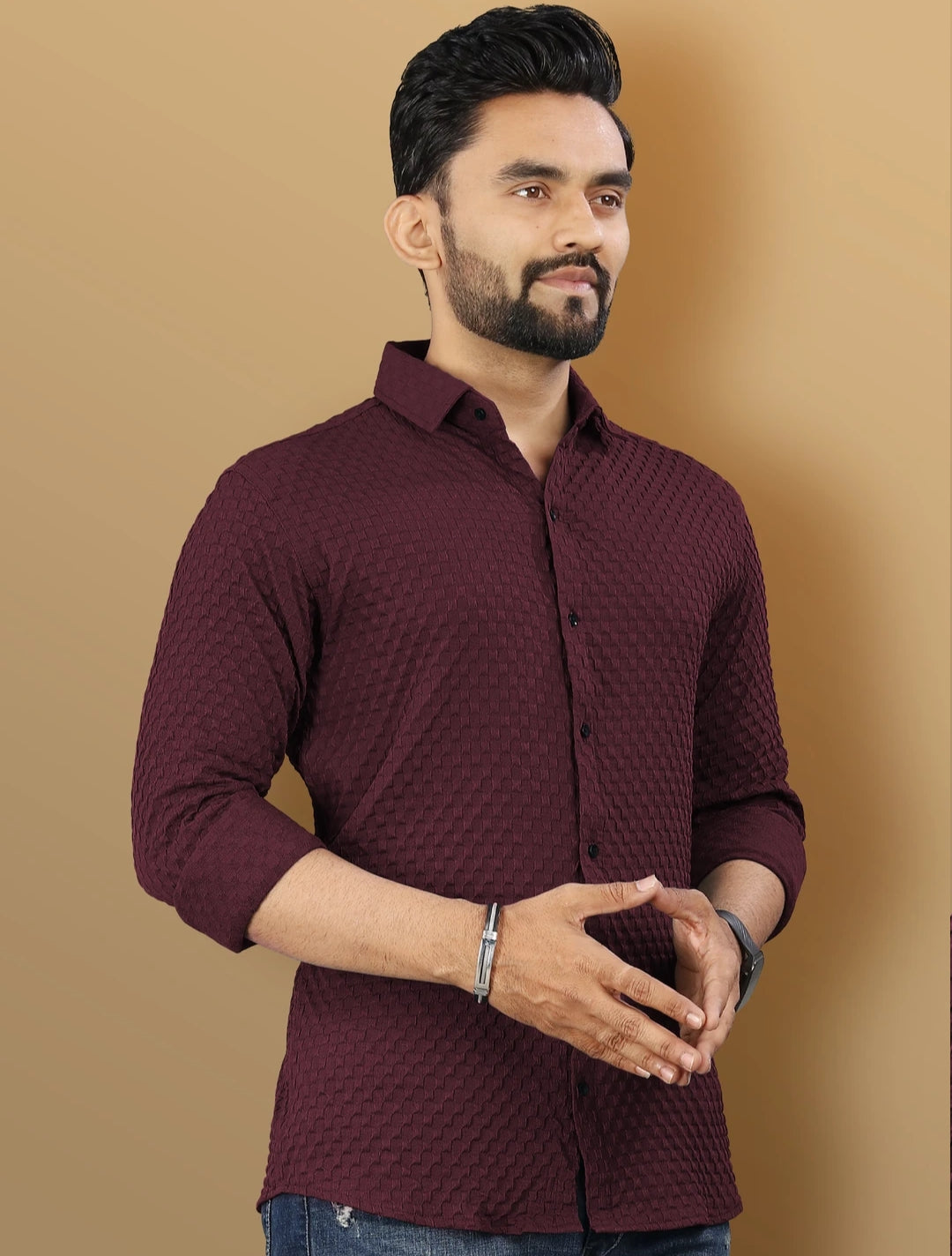 Maroon Color Waffle Full Sleeve Shirt