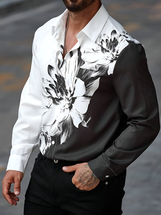 Black & White Floral Print Shirt – Long Sleeve Casual Slim Fit Button Down