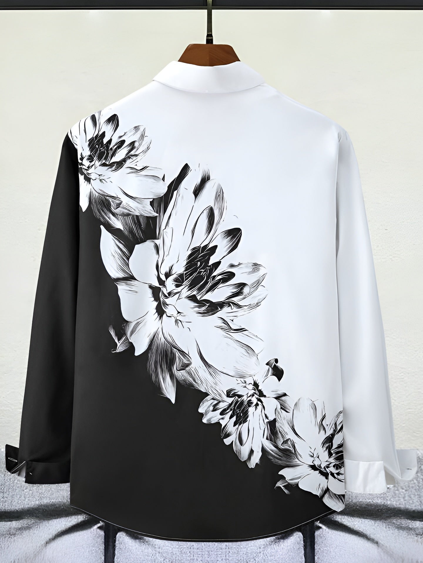 Black & White Floral Print Shirt – Long Sleeve Casual Slim Fit Button Down
