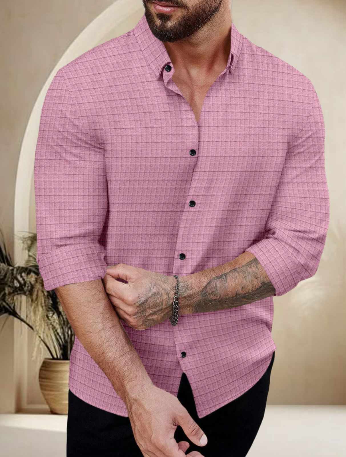 Pink Color Waffle Full Sleeve Shirt