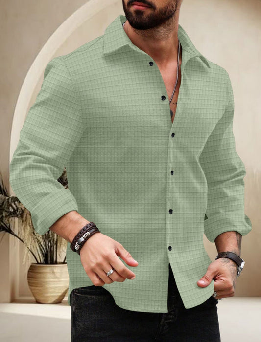 Green Color Waffle Full Sleeve Shirt