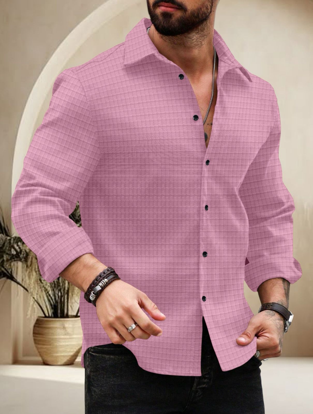 Pink Color Waffle Full Sleeve Shirt