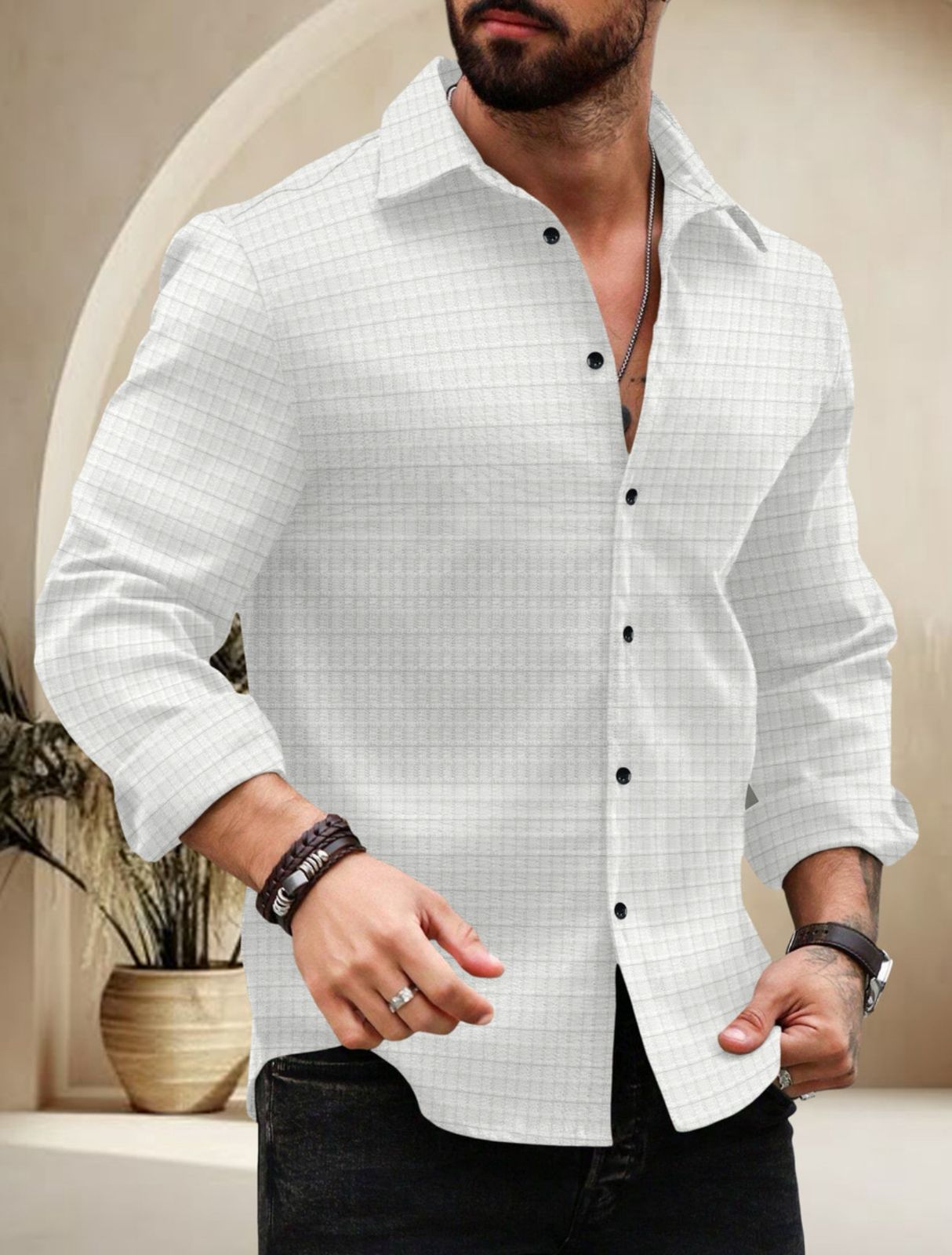 White Color Waffle Full Sleeve Shirt