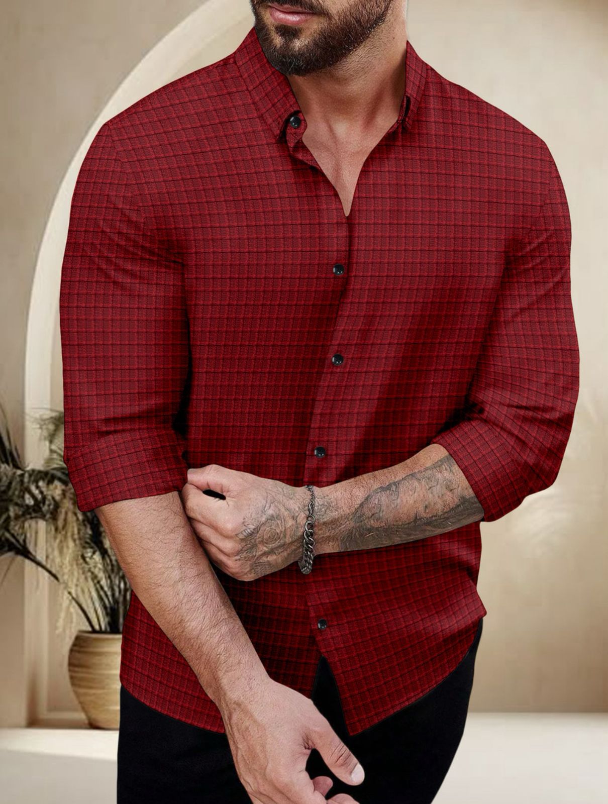Maroon Color Waffle Full Sleeve Shirt