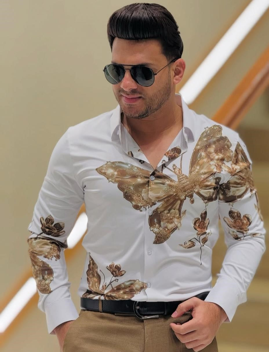 White Shirt With Golden Butterfly Lycra Full SLeeve Shirt