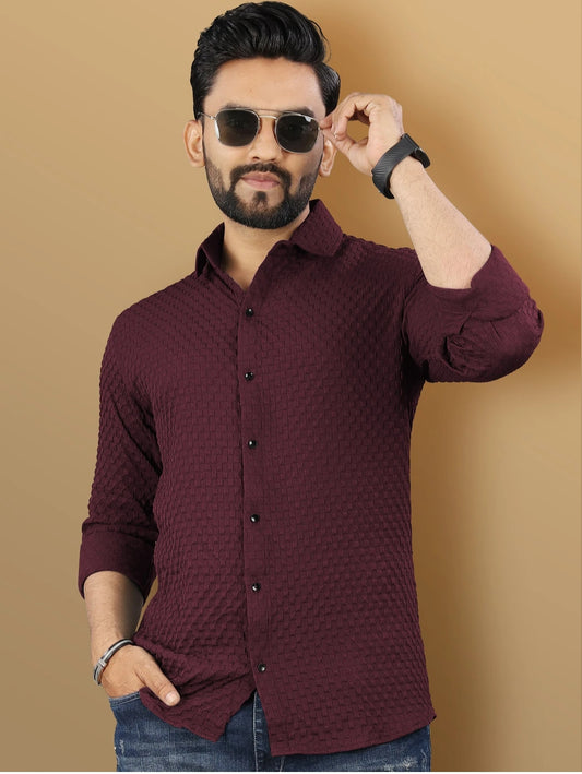 Maroon Color Waffle Full Sleeve Shirt