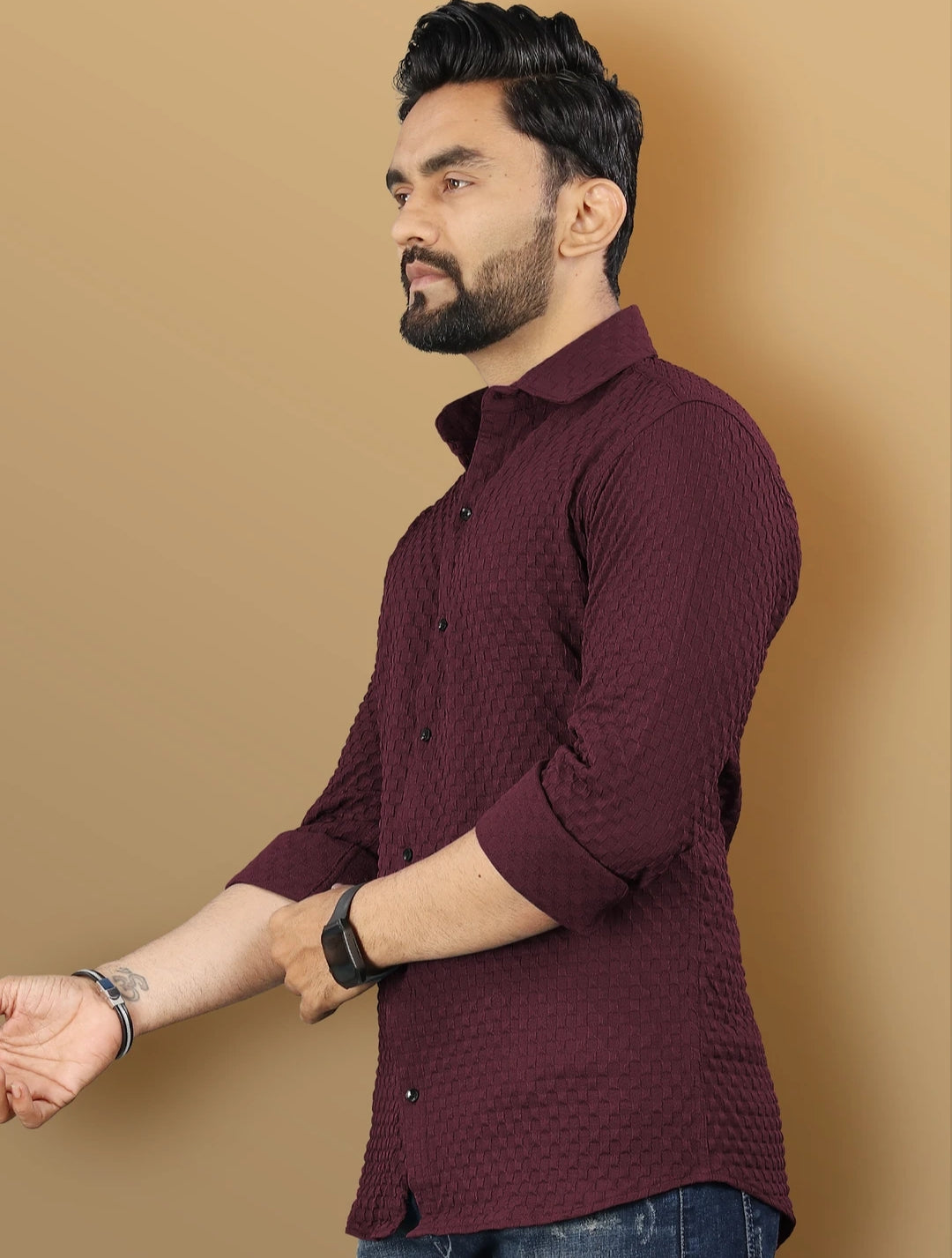 Maroon Color Waffle Full Sleeve Shirt