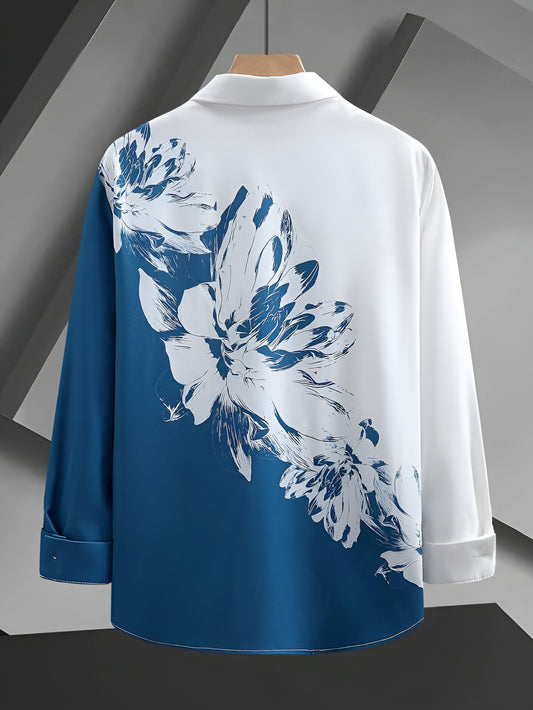 Men's Blue & White Floral Print Shirt – Long Sleeve Casual Slim Fit Button Down