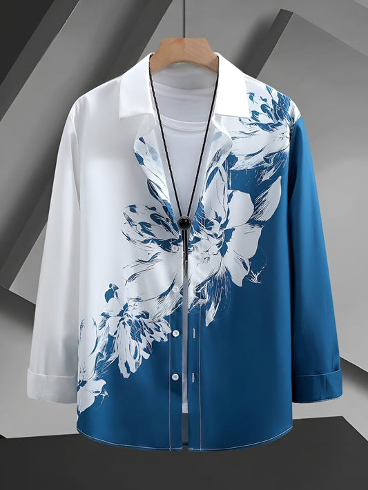 Men's Blue & White Floral Print Shirt – Long Sleeve Casual Slim Fit Button Down