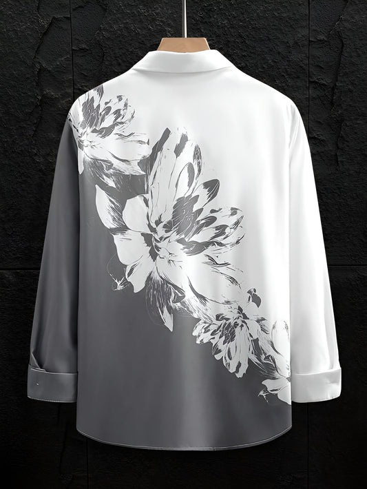 Men's White & Grey Floral Print Shirt – Long Sleeve Casual Slim Fit Button Down