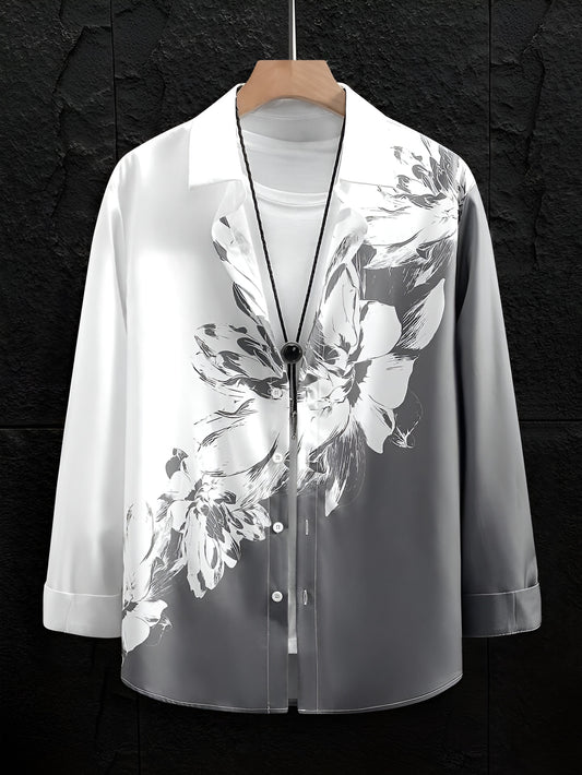 Men's White & Grey Floral Print Shirt – Long Sleeve Casual Slim Fit Button Down