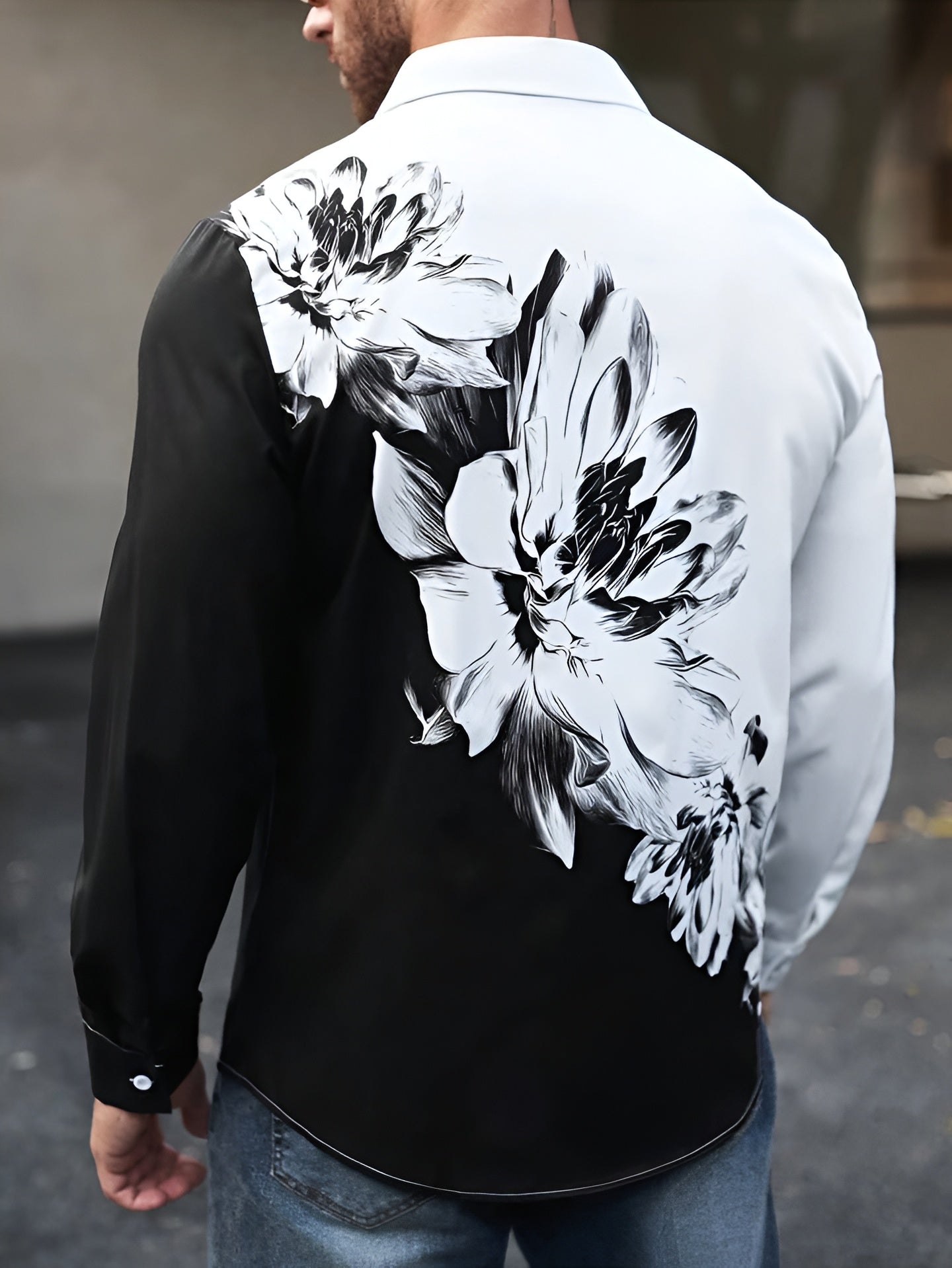Black & White Floral Print Shirt – Long Sleeve Casual Slim Fit Button Down