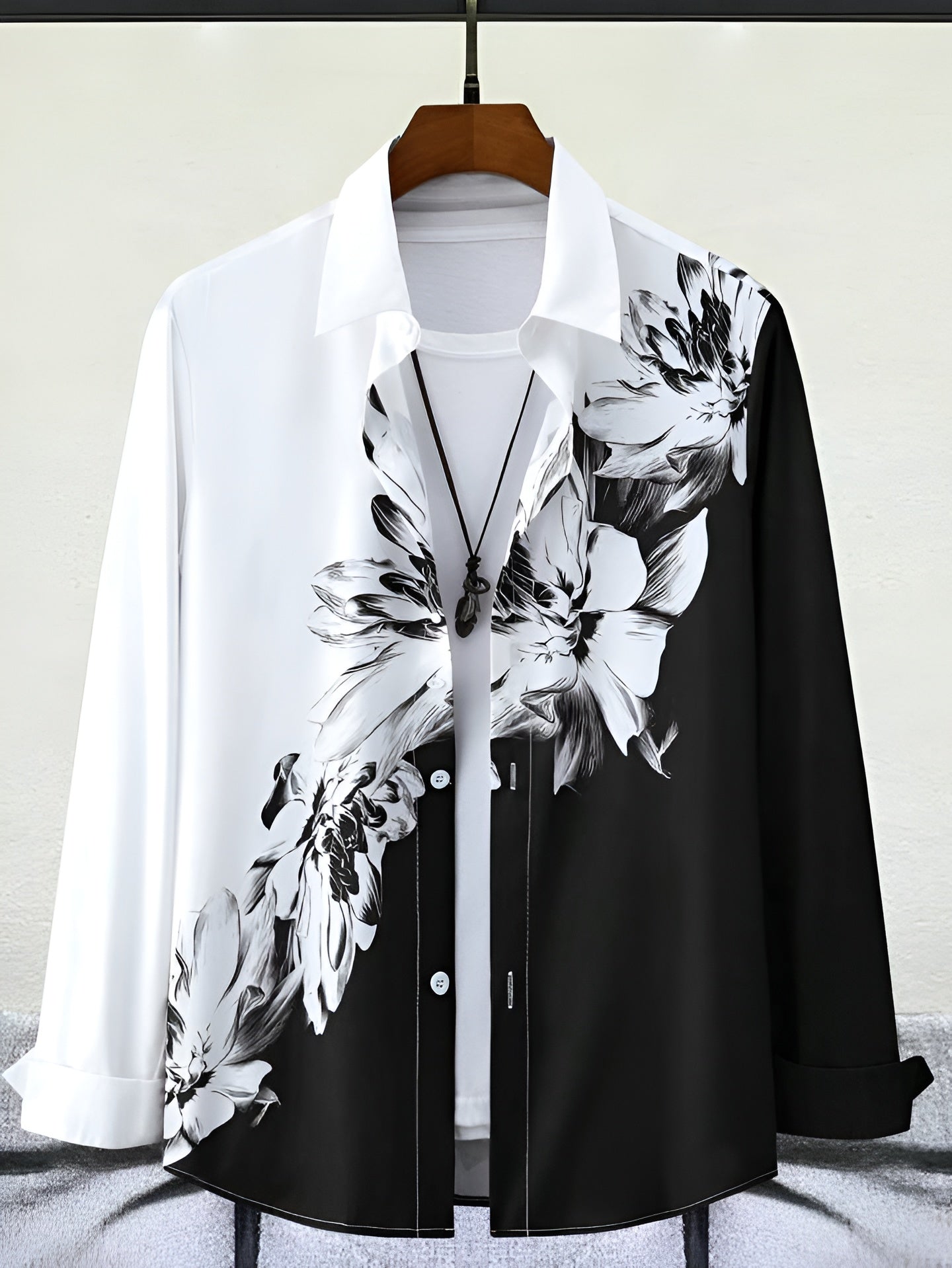 Black & White Floral Print Shirt – Long Sleeve Casual Slim Fit Button Down