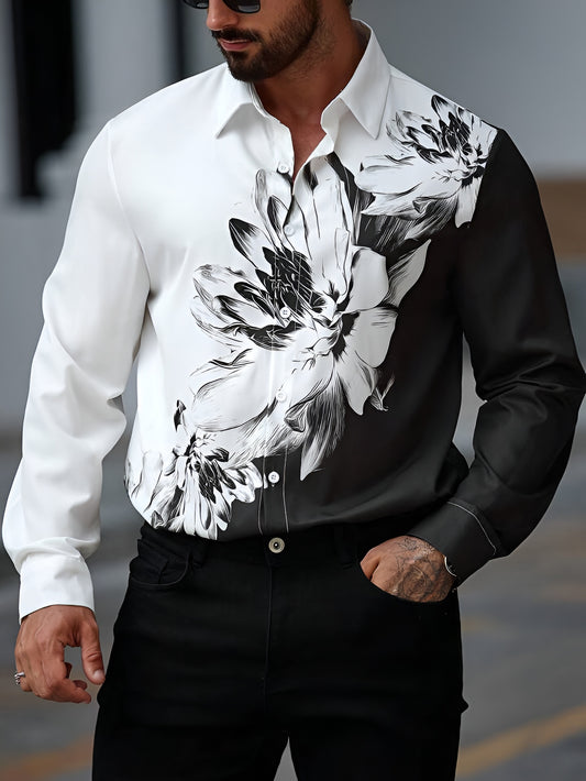 Black & White Floral Print Shirt – Long Sleeve Casual Slim Fit Button Down