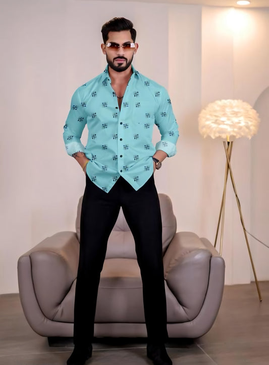 Turquoise Blue Color Lycra Full Sleeve Shirt